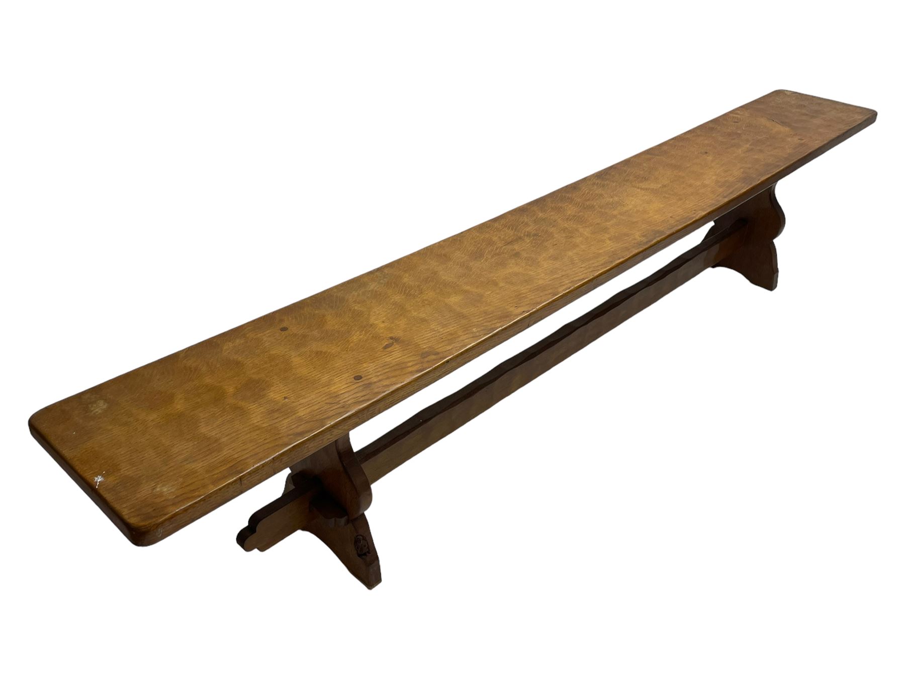Gnomeman - adzed oak narrow bench, rectangular seat on shaped end supports united by pegged stretcher, carved with gnome signature, by Thomas Whittaker, Little Beck 