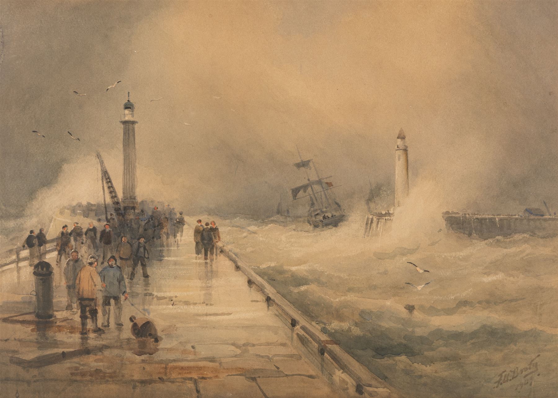 Frederick William Booty (British 1840-1924): Storm at the Mouth of Whitby Harbour, watercolour signed 35.5cm x 50cm