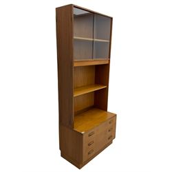 G-Plan teak two sectional modular wall display cabinet, fitted with sliding glass doors, double cupboard and three drawers