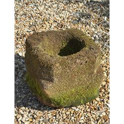 Weathered carved stone garden mortar, 17th / 18th century. H30cm, 35cm x 35cm  - COLLECTION BY APPOINTMENT FROM: The White House, Thirsk Road, Easingwold, York, YO61 3NF - CALL 01723 507111 TO ARRANGE