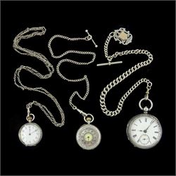 Victorian silver open face lever pocket watch by A Mears & Co, Camden Town, case by English Watch Company, Birmingham 1893, two smaller fob watches, all on Victorian and later silver watch chains