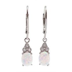 Pair of silver opal and cubic zirconia pendant earrings, stamped 925