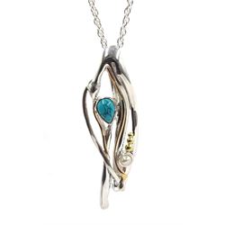 Silver and 14ct gold turquoise and pearl contemporary design pendant necklace, stamped 925