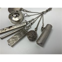Victorian style silver chatelaine necklace, suspending eight silver sewing and similar accessories, including tape measure, needle case, pencil holder, powder compact and pill box