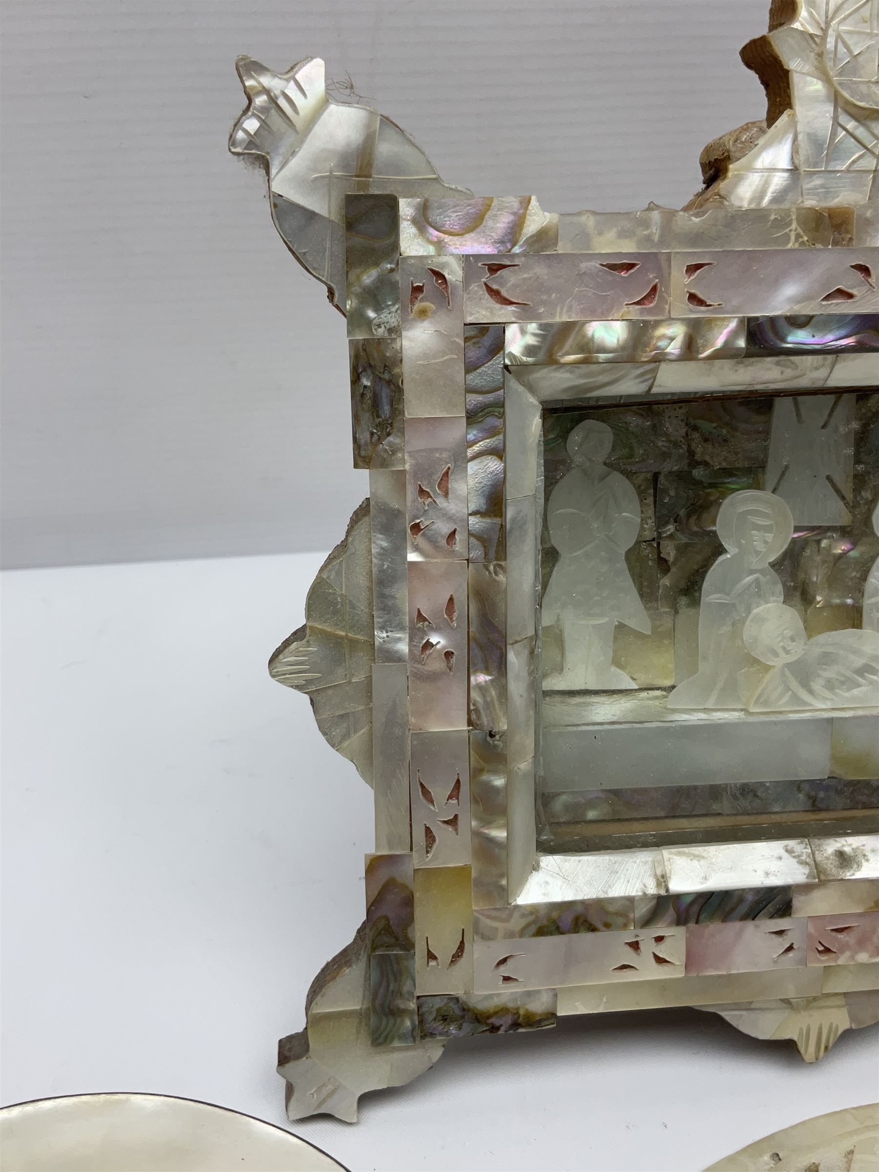 Mother of pearl nativity scene, together with mother of pearl box, shell and carved shell