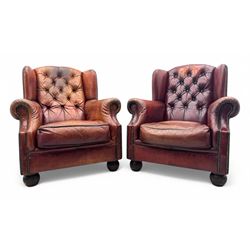 Tetrad - pair of 'Oskar' wingback armchairs, deep-buttoned oxblood leather upholstery with...