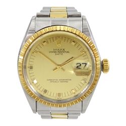 Rolex Oyster Perpetual Date gentleman's stainless steel and gold automatic wristwatch, circa 1972, Ref. 1505, serial No. 2907425, on oyster bracelet, boxed with papers