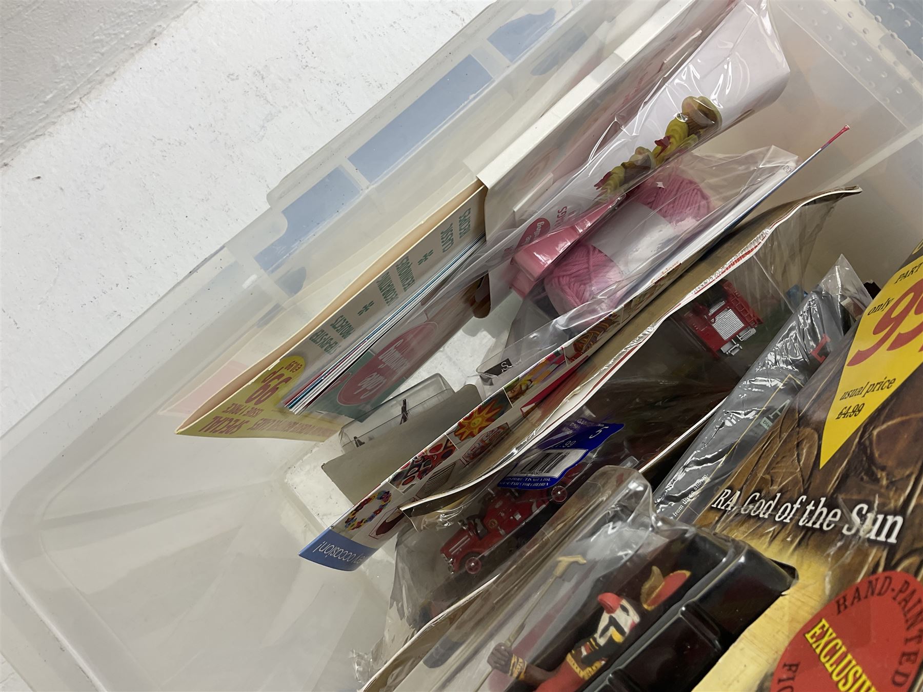 Two Compare the Meerkat meerkat dolls comprising Batman and Star Wars, Ted 2 stuffed doll, quantity of boxed bobble heads, and quantity of magazines with models to include Men At War, Fire Engines of the World etc in three boxes