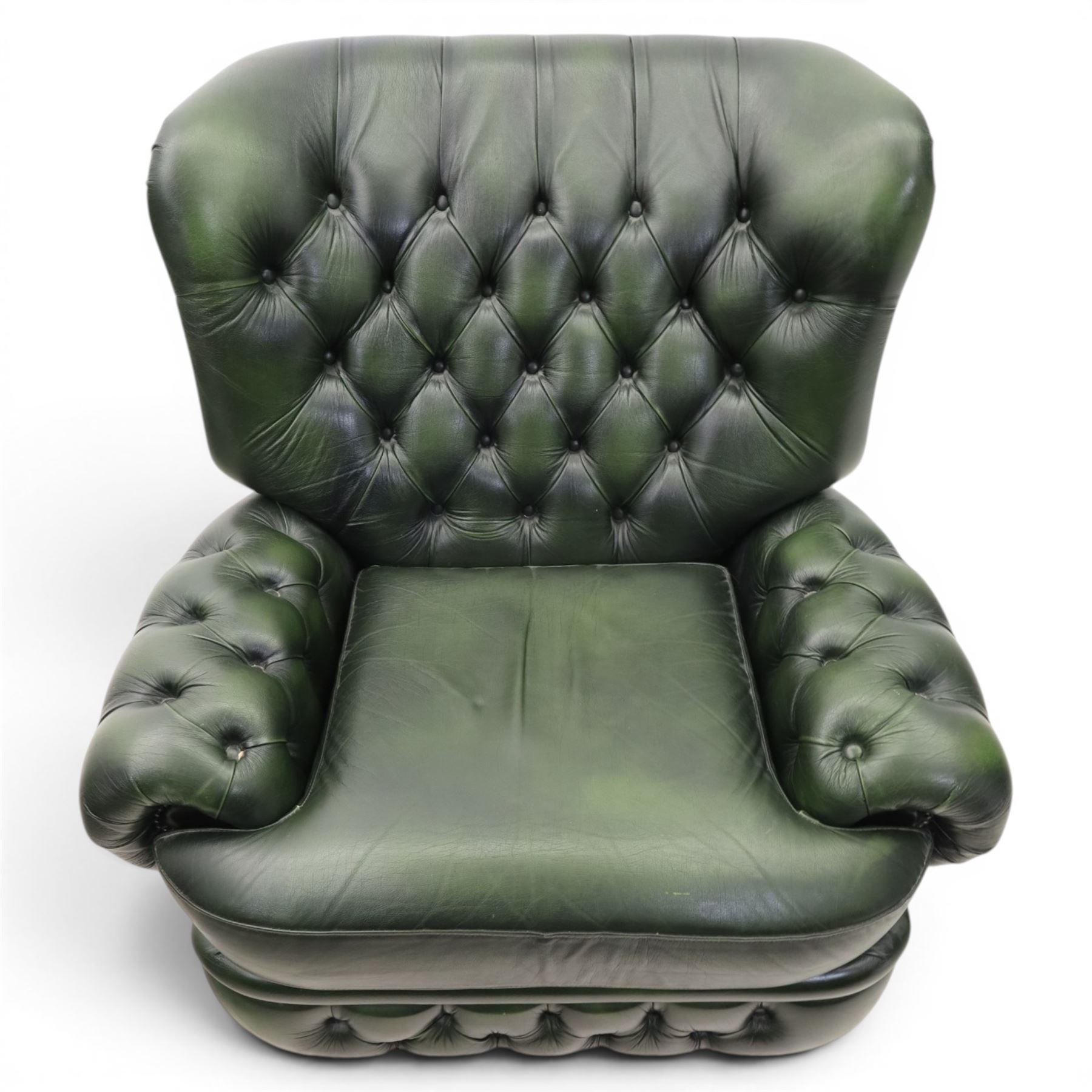 Thomas Lloyd - green leather chesterfield armchair, buttoned back, apron arm rests