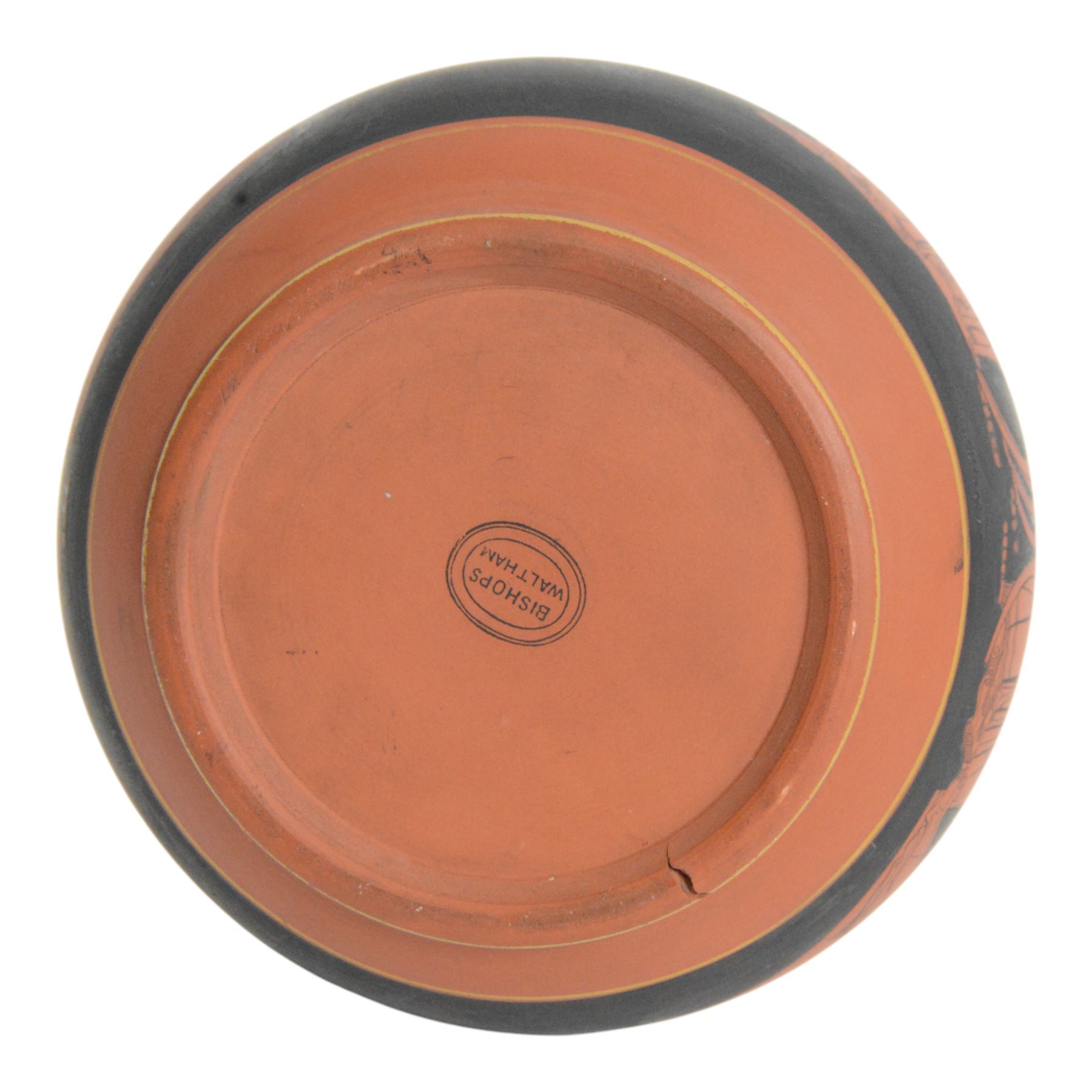 Bishops Waltham vase, of squat baluster form with elongated fluted rim, decorated with classical figures and Greek key banding, H21cm