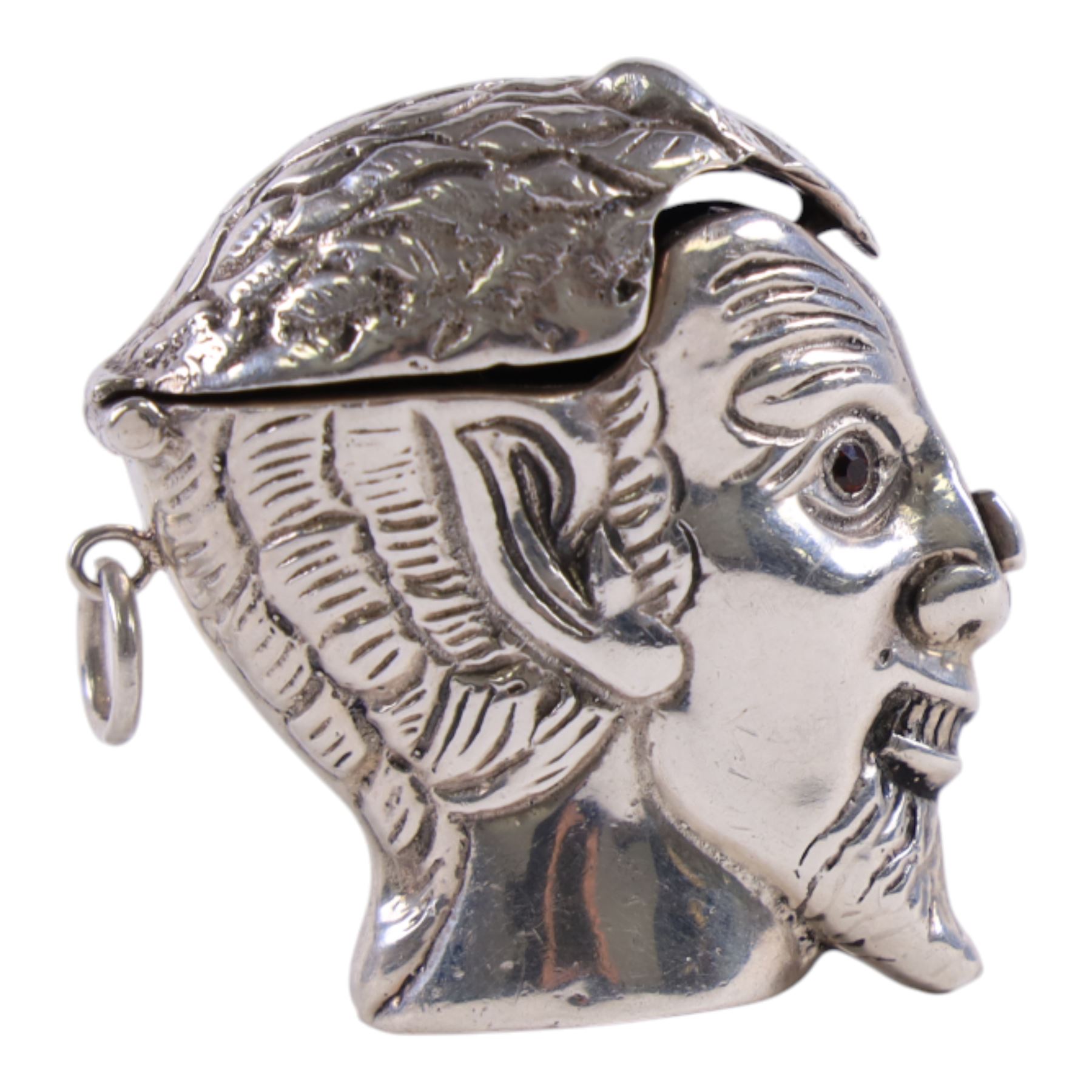 American Silver vesta case in the form of the devil with inset ruby coloured eyes, stamped sterling 295, H4cm