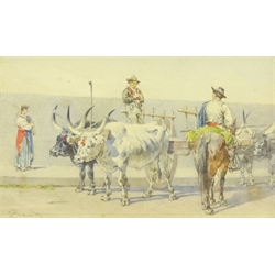  Italian School (19th/20th century): Ox Carts, watercolour indistinctly signed 14cm x 24cm  