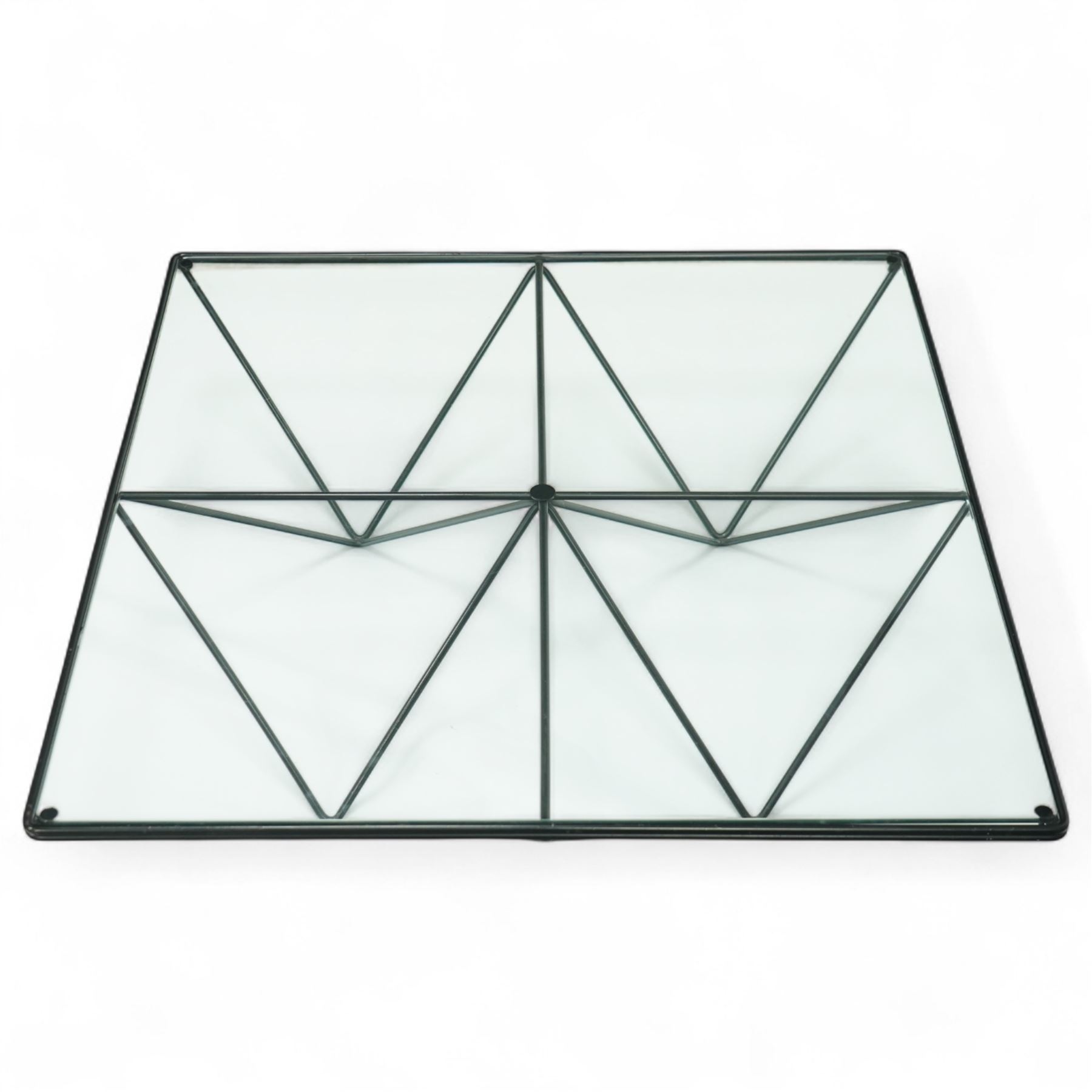 Paolo Piva for B & B Italia - Alanda coffee table with black powder-coated metal frame and clear glass top, the base with angular intersecting support struts forming a symmetrical design