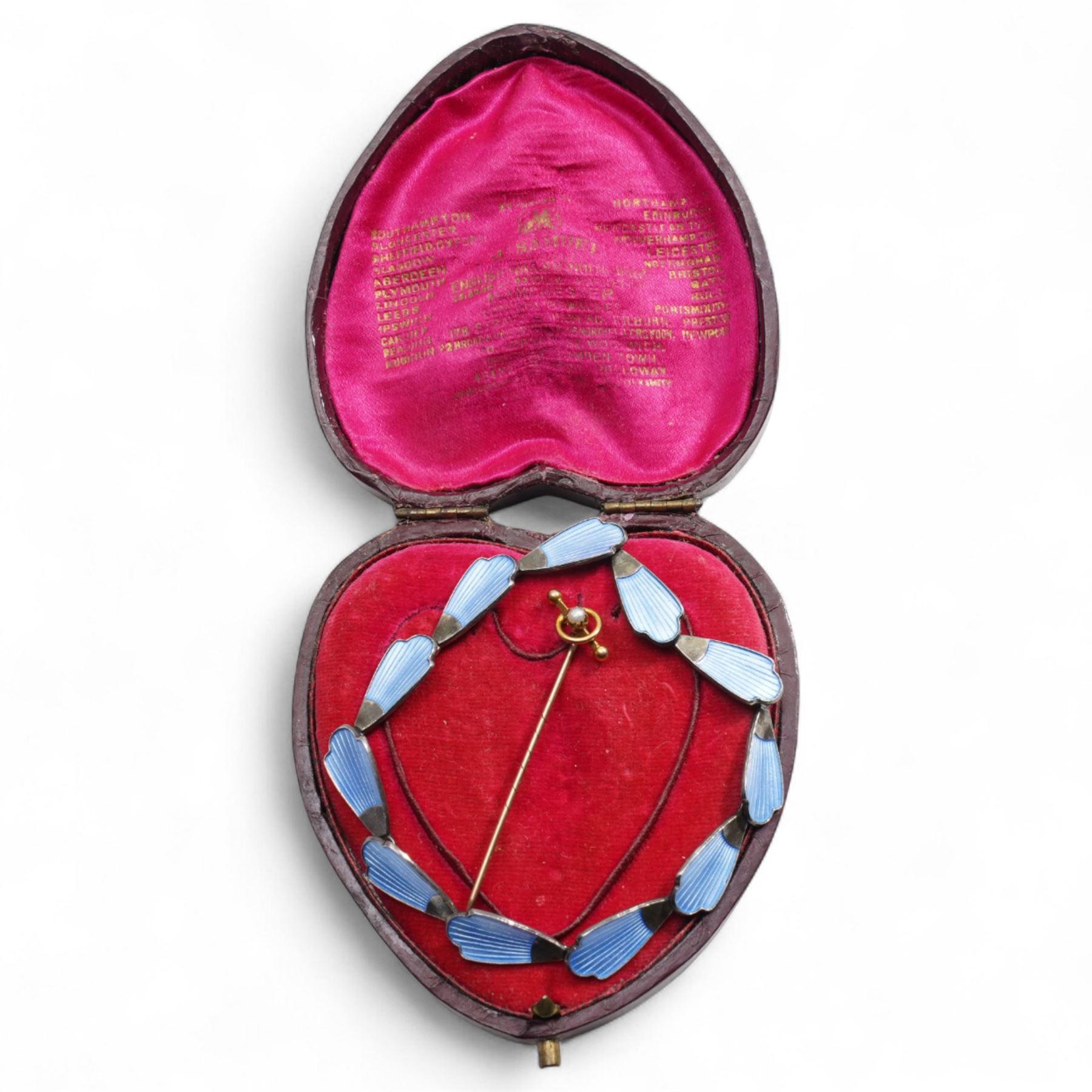 Danish silver and guilloche enamel bracelet by Volmer Bahner, gold pearl stick pin stamped 9ct and a velvet and silk lined heart shaped jewellery box 