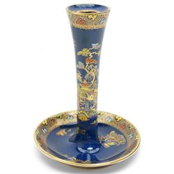 Large Carlton ware ginger jar and cover decorated in the New Mikado pattern on a blue ground H33cm, matching candlestick and a Masons Ironstone pink Vista pattern ginger jar and cover H23cm