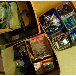  Quantity of communication equipment spare parts, components, part units, circuit boards, ear phones, capacitors etc, in three boxes  