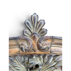 19th century carved pine architectural pediment, detailing floral swags with berries and central serpentine snake head 