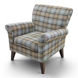 Contemporary armchair, upholstered in blue chequered fabric, dark stained square tapered supports