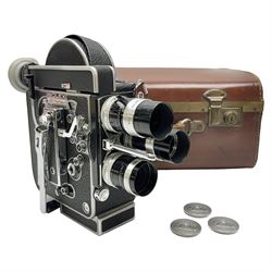 Paillard Bolex H8 RX4 cine camera body with turret for interchangeable lenses, serial no. 216071, with 'Macro Switar H8RX f1.4 36mm' lens, serial no.863406, 'Macro Switar H8RX f1.3 12.5mm' lens, serial no. 865770, 'Switar H8RX f1.6 5.5mm' lens, serial no. 937691 and RX fader, in fitted leather case