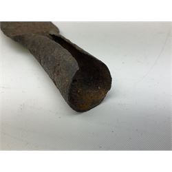 Patinated 'bronze' fantasy dagger, the 26cm blade, hilt and scabbard cast with dragons L50cm overall; hand forged iron spearhead L29.5cm; and a stiletto blade (3)