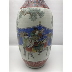 19th century Chinese floor vase of baluster form, hand painted with warriors and the emperor, the neck decorated with floral patterns and panels with landscapes, H64cm