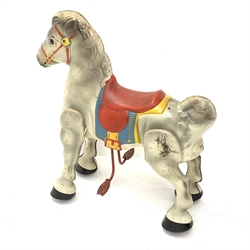 1950s Mobo Bronco metal ride-along horse with original decal to front, both footrests marked Mobo L67cm