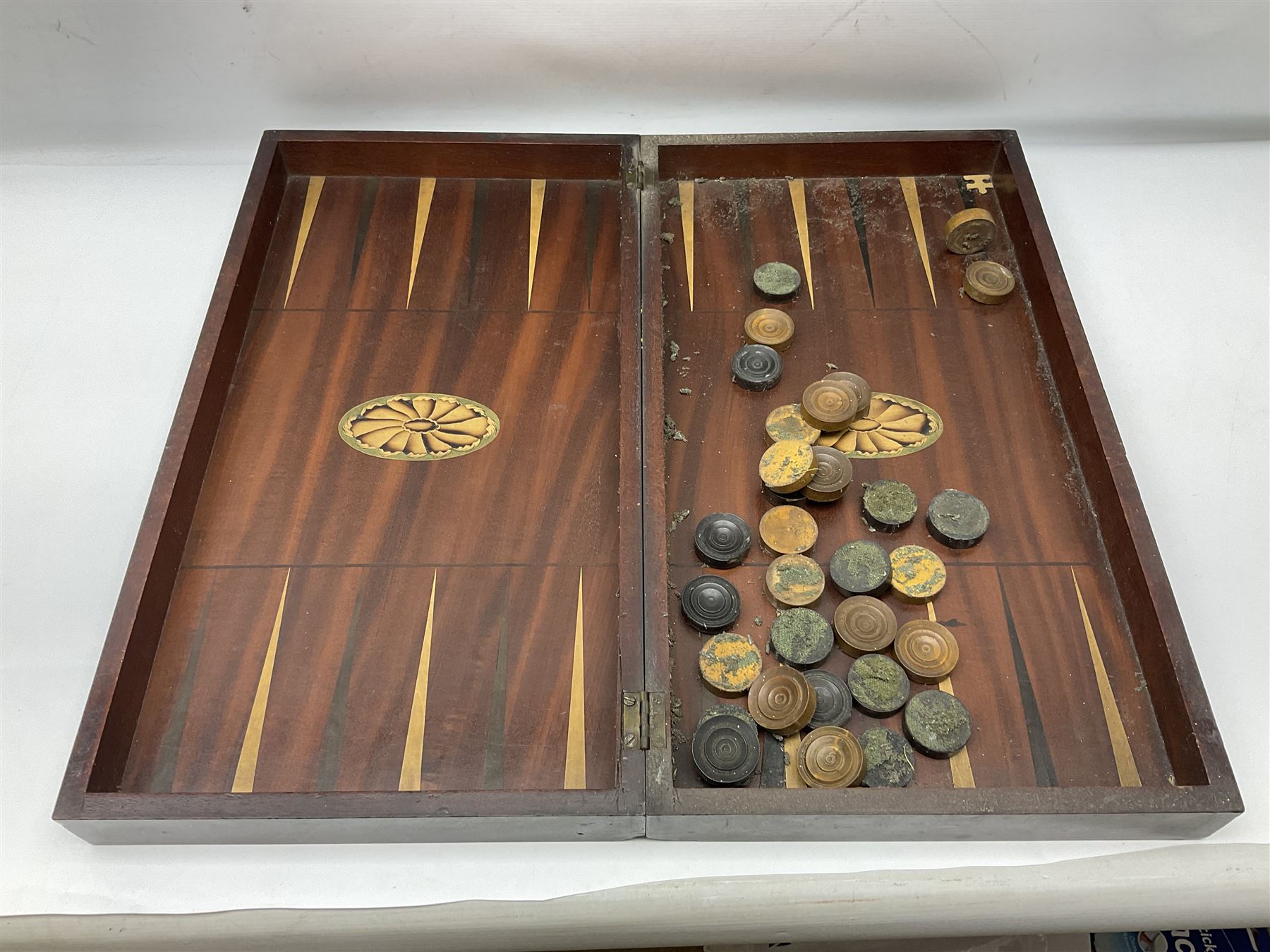 Mauchline ware trinket box and thimble holder, together with copper kettle, two large brown enamel teapots, wooden chess board, brass bell, hot water urn, and other metal ware etc, in three boxes 