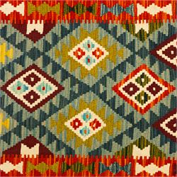 Afghan Maimana kilim flatweave runner, central field features a large bold nested diamond motifs and stylized geometric lozenge patterns on crimson, olive purple, blue, and green tone ground, border stripe in teal ground, and fringe
