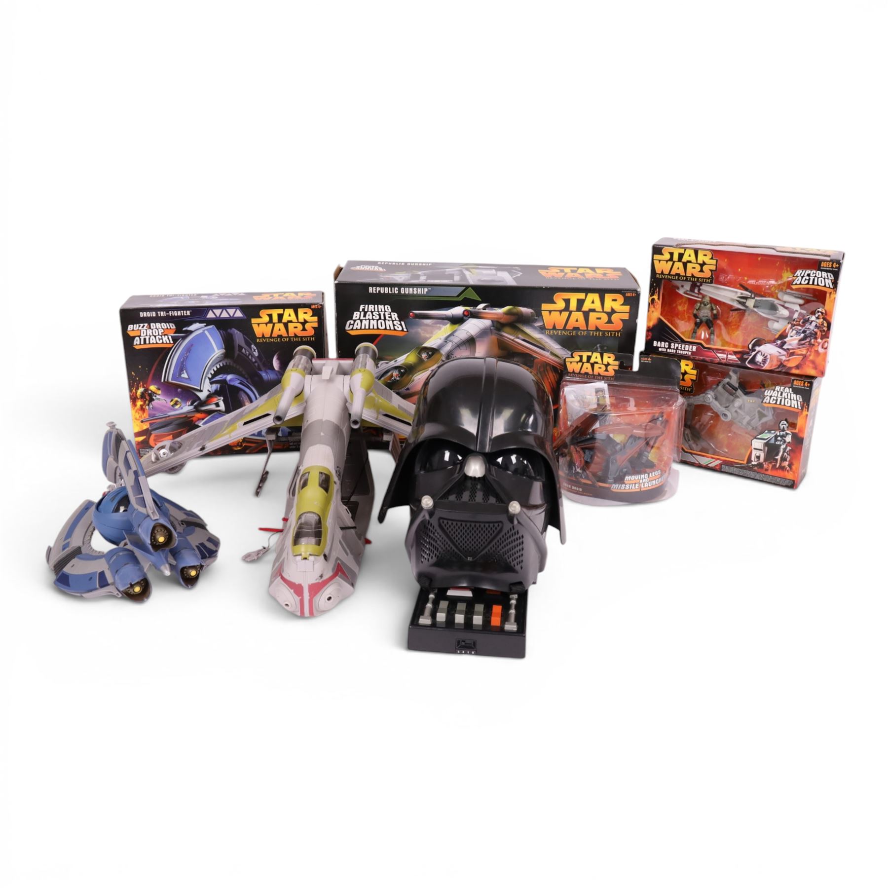 Hasbro Star Wars Revenge of the Sith playsets, including Droid Tri-Fighter, Crab Droid, Barc Speeder, Republic Gunship and AT-RT, together with a Hasbro Darth Vader Voice Changer Helmet, 