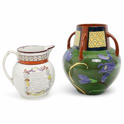 Art Nouveau Foley 'Intarsio' vase by Charles Wileman, c.1898, printed marks to base, H21cm; with a 19th century 'God Speed the Plough' pearlware jug, decorated with poem and farming motifs, H15cm (2)