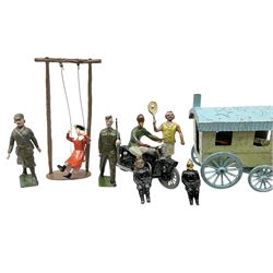 Selco Services gypsy caravan with horse, figure and steps; die-cast tandem combination; motorcycle with rider; die-cast girl-on-swing; and twelve various lead figures by Johilco etc