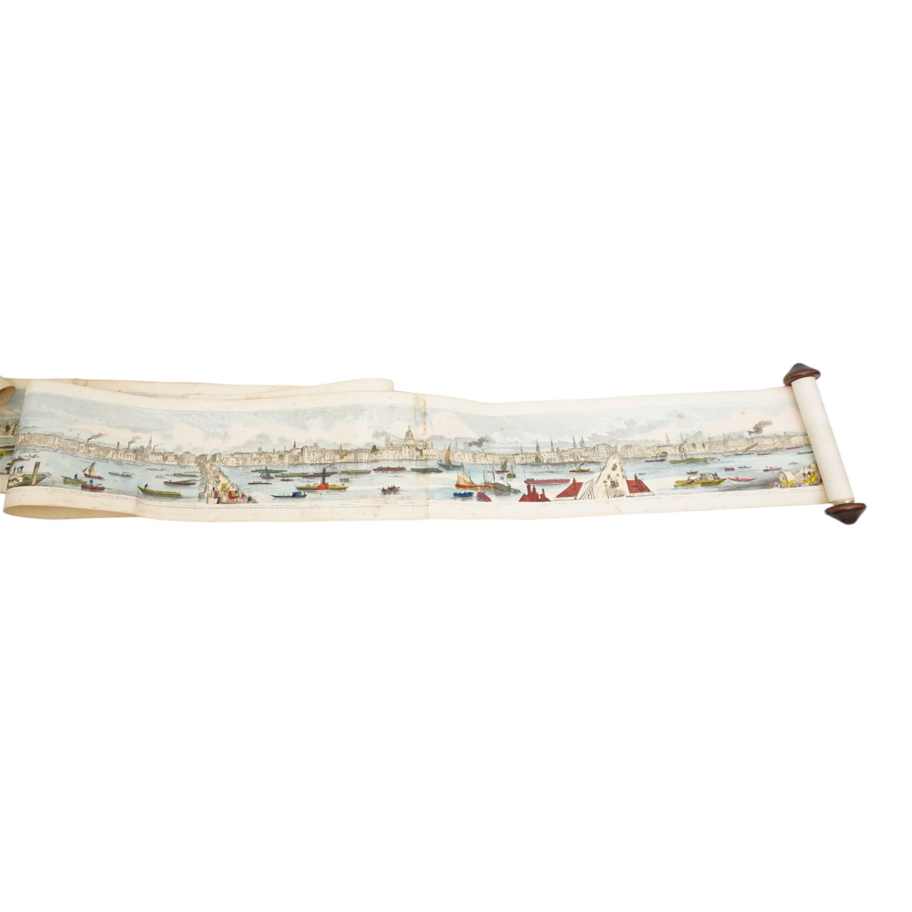 Frederick James Smyth (British 1841-1867): 'Grand Panorama of London and the River Thames - 18 Feet in Length', 19th century engraved prospect map with hand-colouring pub. Azulay, Thames Tunnel 1849, 17cm x 549cm