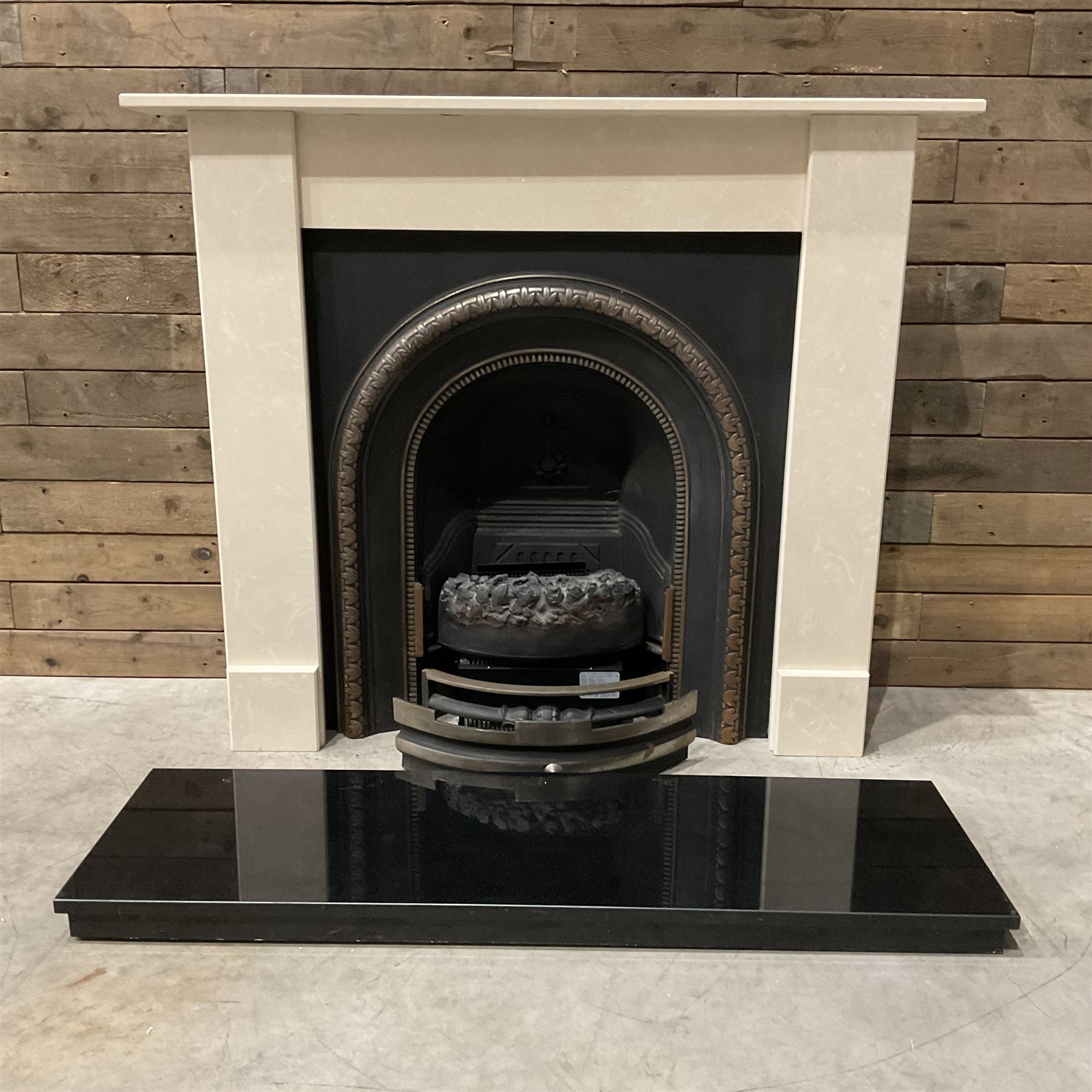 Aurora Dorchester Black Fire suite - granite style surround with cast iron insert, electric fire with remote and black hearth
