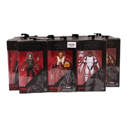 Twenty three Star Wars Black Series Red Wave action figures, comprising Han Solo, Snowtrooper, Imperial Shock Trooper, Tie Fighter Pilot, Chewbacca, Director Krennic, Sabine Wren, Sergeant Gyn Erso, Snowtrooper (Battlofront), Scarif Stormtrooper Squad Leader, Flametrooper, Kylo Ren, Constable Zuvio, Poe Dameron, Guavian Enforcer, X Wing Pilot Asty, Finn, Darth Vader, Stormtrooper, C-3P0, Captain Phasma and Jango Fett,  all boxed