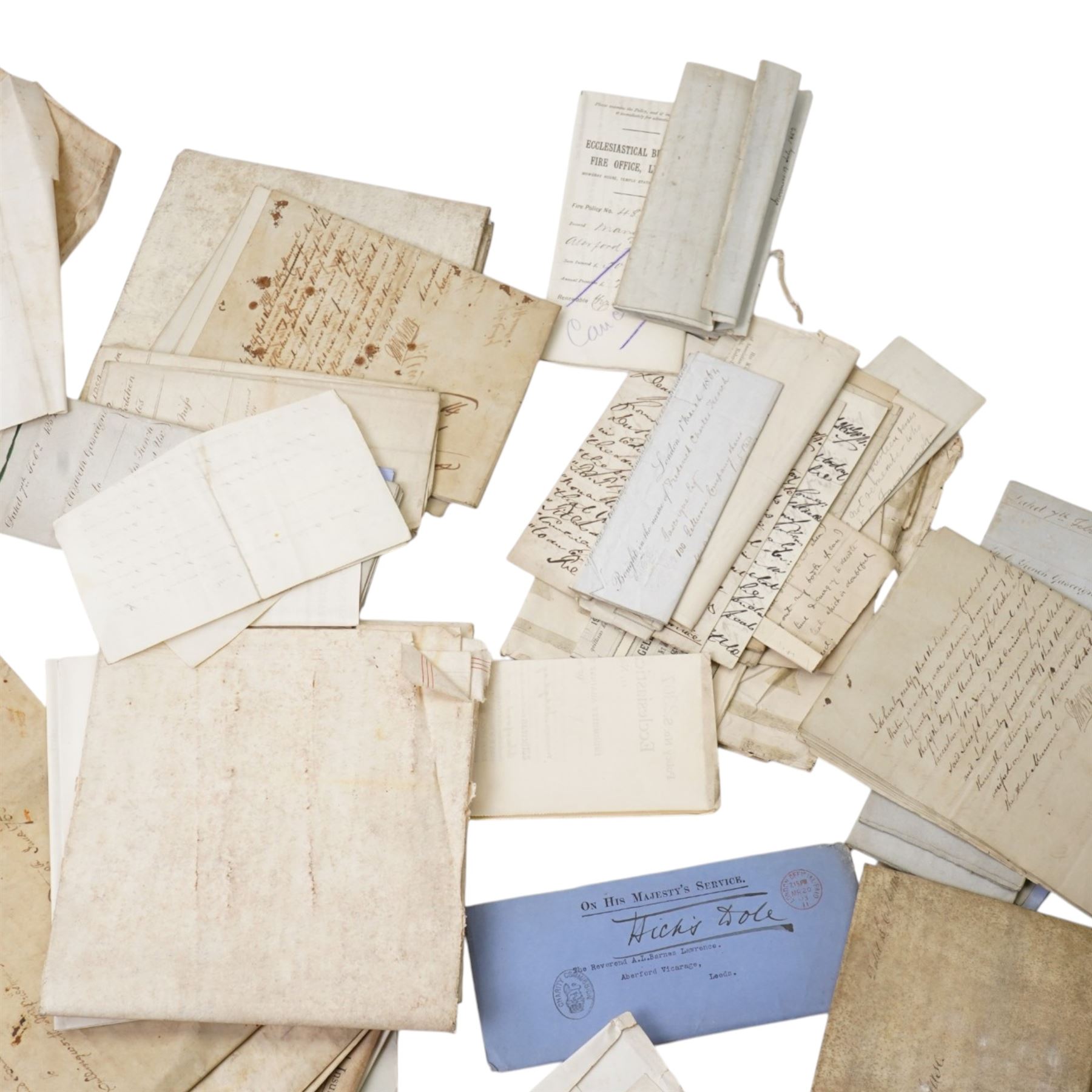 Collection of ephemera relating to the Gascoigne family of Parlington, Aberford including  various 19th century leases and conveyances, schedules of the Irish estates, 18th century appointment of church wardens at Aberford 1758 and other indentures and correspondence concerning the family and the parish of Aberford