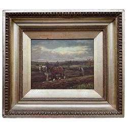Henry Rollet (British exh.1886-1916): Ploughing the Fields at Dusk, oil on board signed 22cm x 27cm
