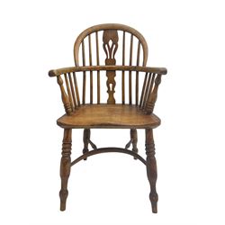 19th century elm and ash Windsor armchair, low stick back with central pierced splat, dished seat raised on turned supports united by crinoline stretcher