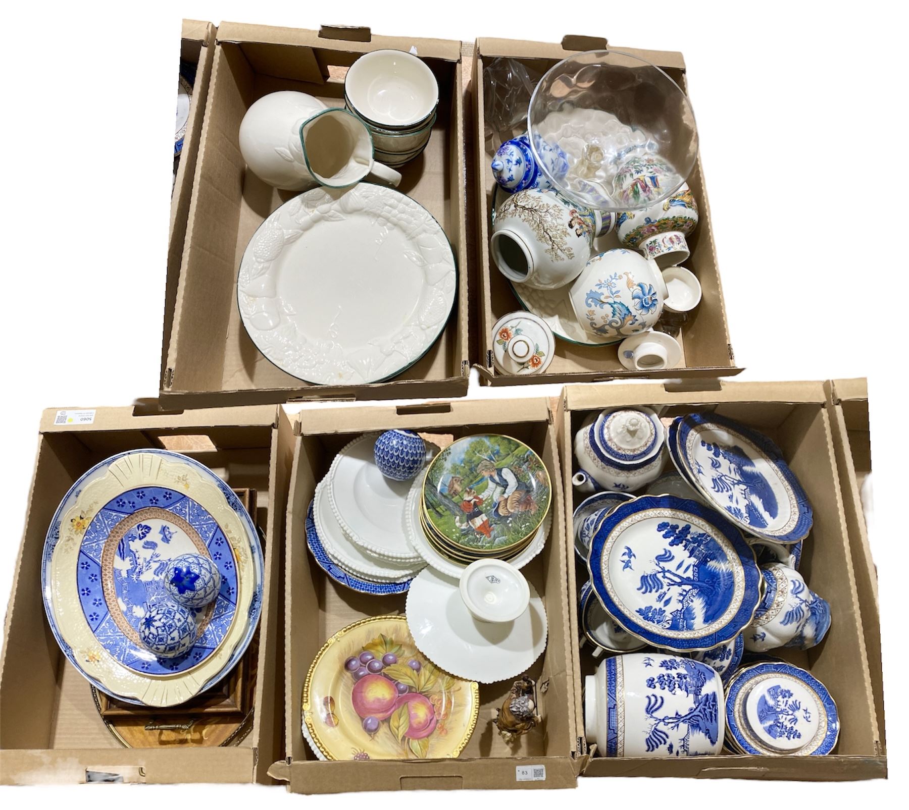 Collection of Booths Real Old Willow pattern, together with other blue and white ceramics etc, in five boxes  