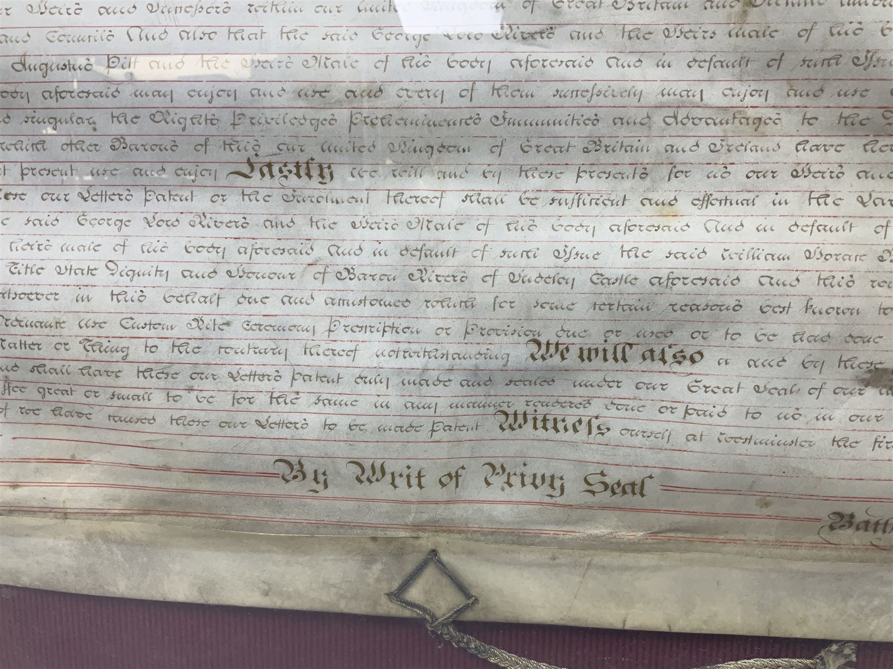 Large 18th century framed and glazed Indenture for King George III to George Rivers, Lord Rivers of Straths Saye, including frame H92.5cm L107.5cm