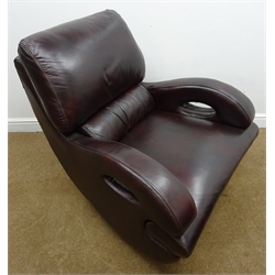  Modern brown leather upholstered swivel chair, shaped arms on chrome base, H95cm, D98cm, W83cm  