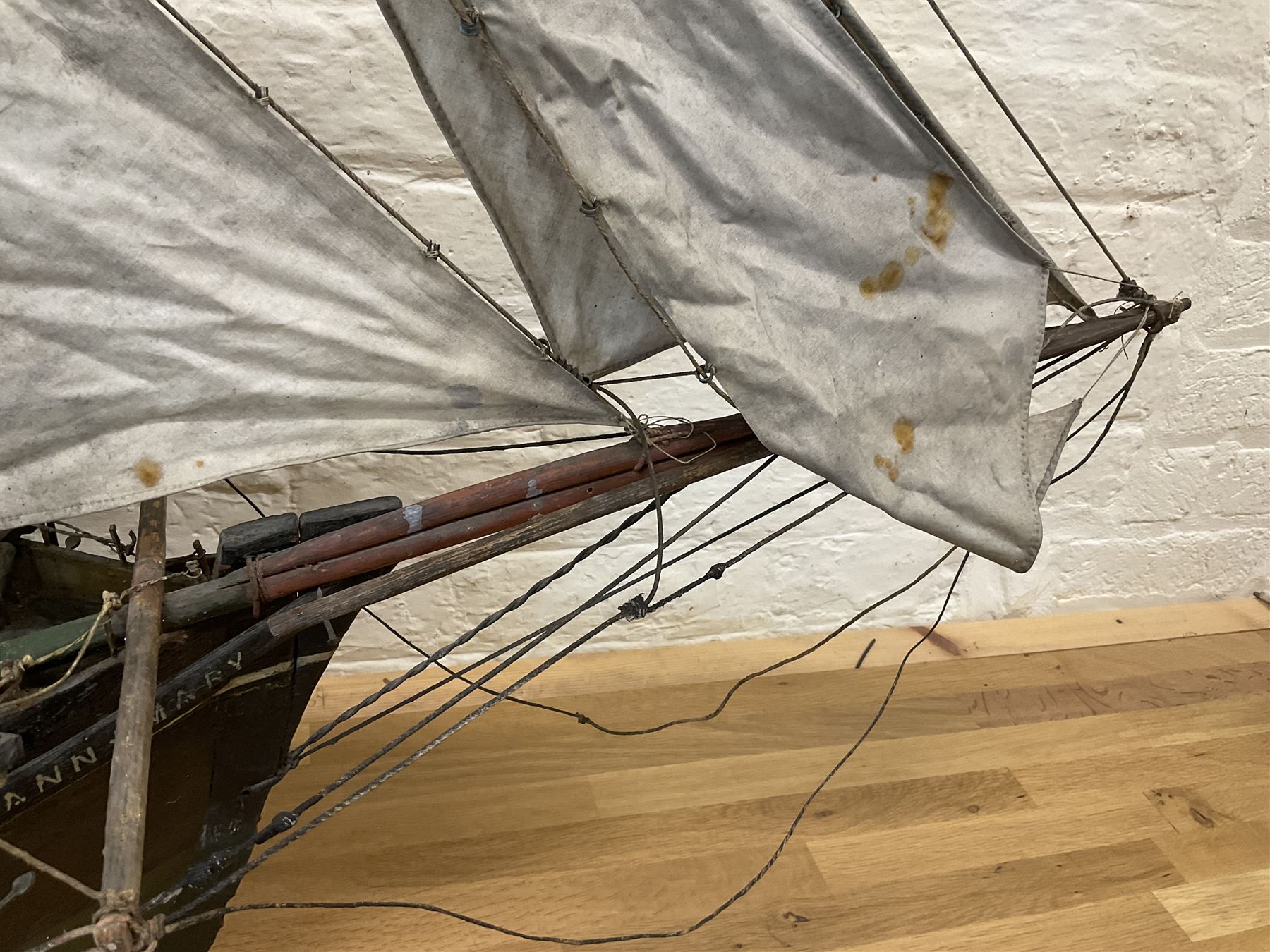 Late Victorian scratch built model of 18th century ship in full sail with the name Ann & Mary painted to the hull, upon a wooden stand, H128cm