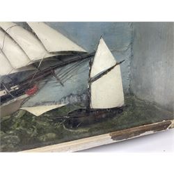 Ship Diorama, three-masted clipper at sea against a painted background, H52cm, L87cm