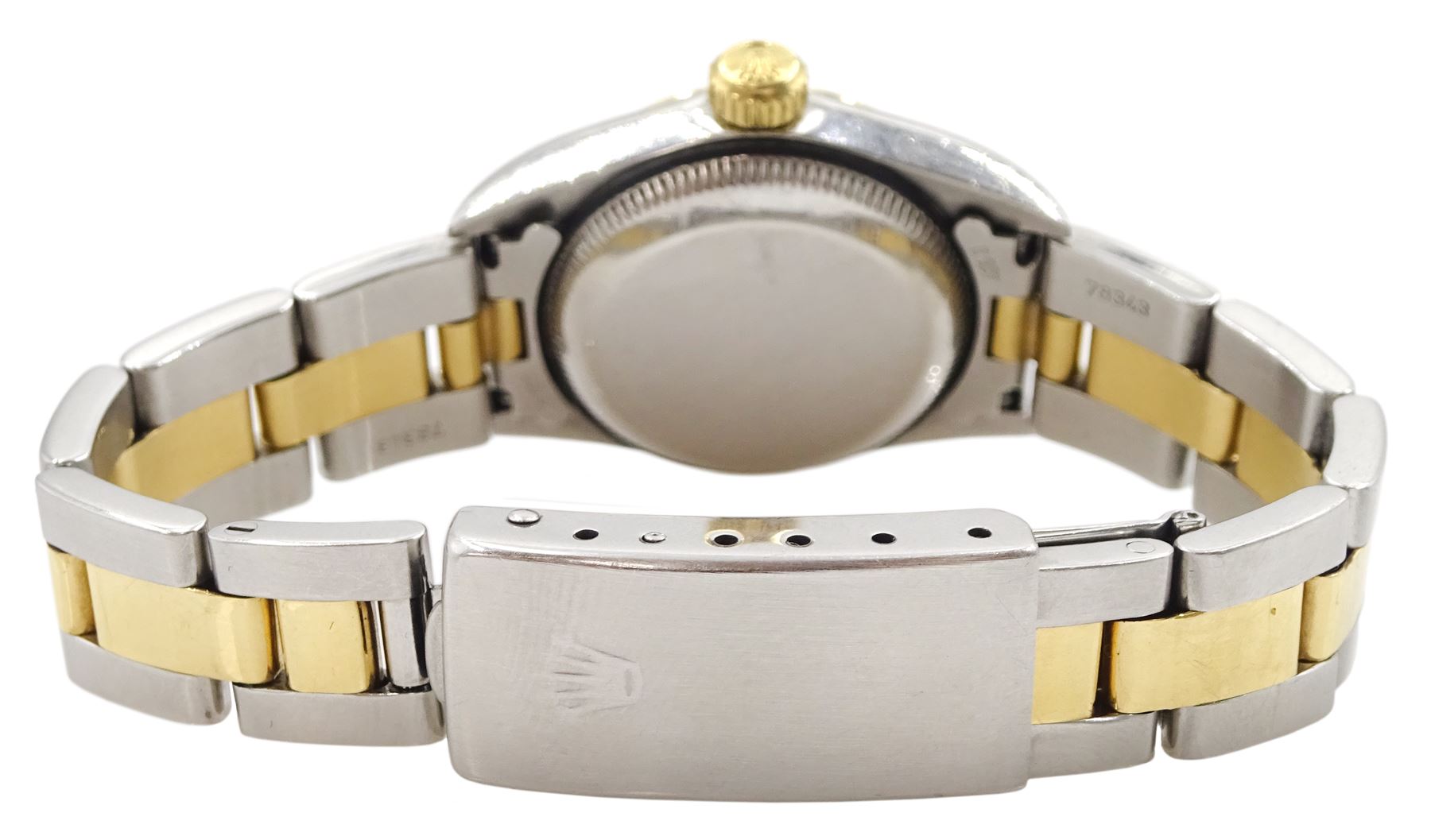 Rolex Oyster Perpetual ladies gold and stainless steel wristwatch, circa 1997, Ref. 67483, bronze/golden sunburst dial, on Oyster gold and stainless steel strap, with fold-over clasp