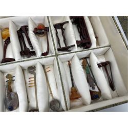 Chinese boxed collection of miniature polished hardstone musical instruments with hardwood stands