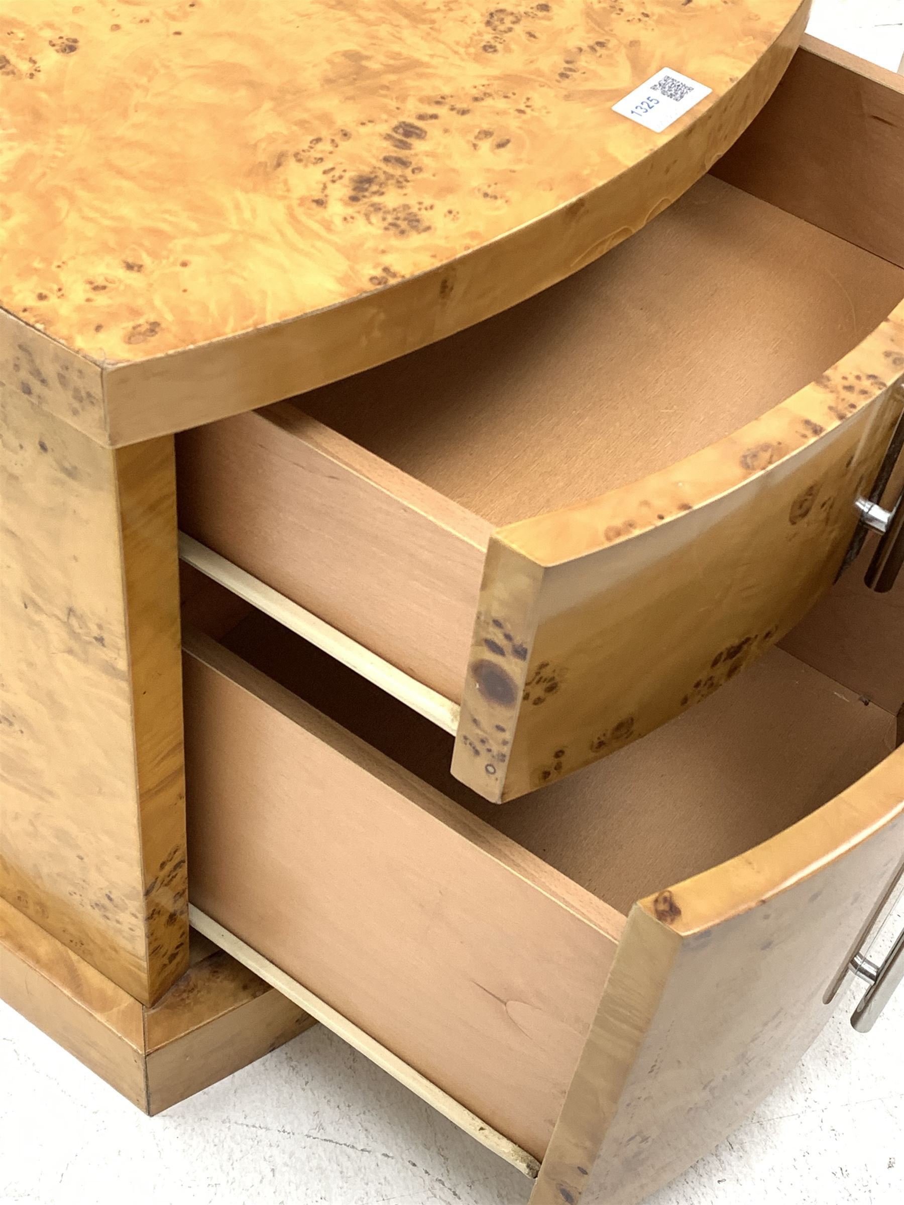 Pair Art Deco style figured maple bow front bedside cabinets, two drawers fitted with polished metal handles, W50cm, H54cm, D49cm