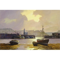 Don Micklethwaite (British 1936-): Low Tide Scarborough Harbour, acrylic on board signed 34cm x 49cm