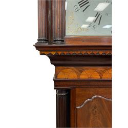 Penlington of Liverpool – early 19th century 8-day mahogany longcase clock, swans neck pediment with three turned wooden finials and verre eglomise panels, trunk with reeded columns and wavy topped door, plinth with canted corners on bracket feet, painted break-arch dial with Roman numerals and five-minute Arabic’s, centre sweep calendar and seconds hands, blue steel serpentine hands, signed beneath a painted rolling moon in the arch PENLINGTON, LIVERPOOL, eight day four pillar movement, anchor escapement and rack striking on a bell. With pendulum and weights.  The Penlington family were prolific clockmakers in 19th century Liverpool working from several addresses in the city, also recorded as chronometer and chronograph makers.