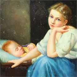 After Léon-François Comerre (French 1850-1916): Reclining Woman upon a Lion Skin; after Madame la Marquise de Salvo (Italian 19th century): Young Mother with Child, two oils on panel signed V Conti 20cm x 25cm (2) (unframed)