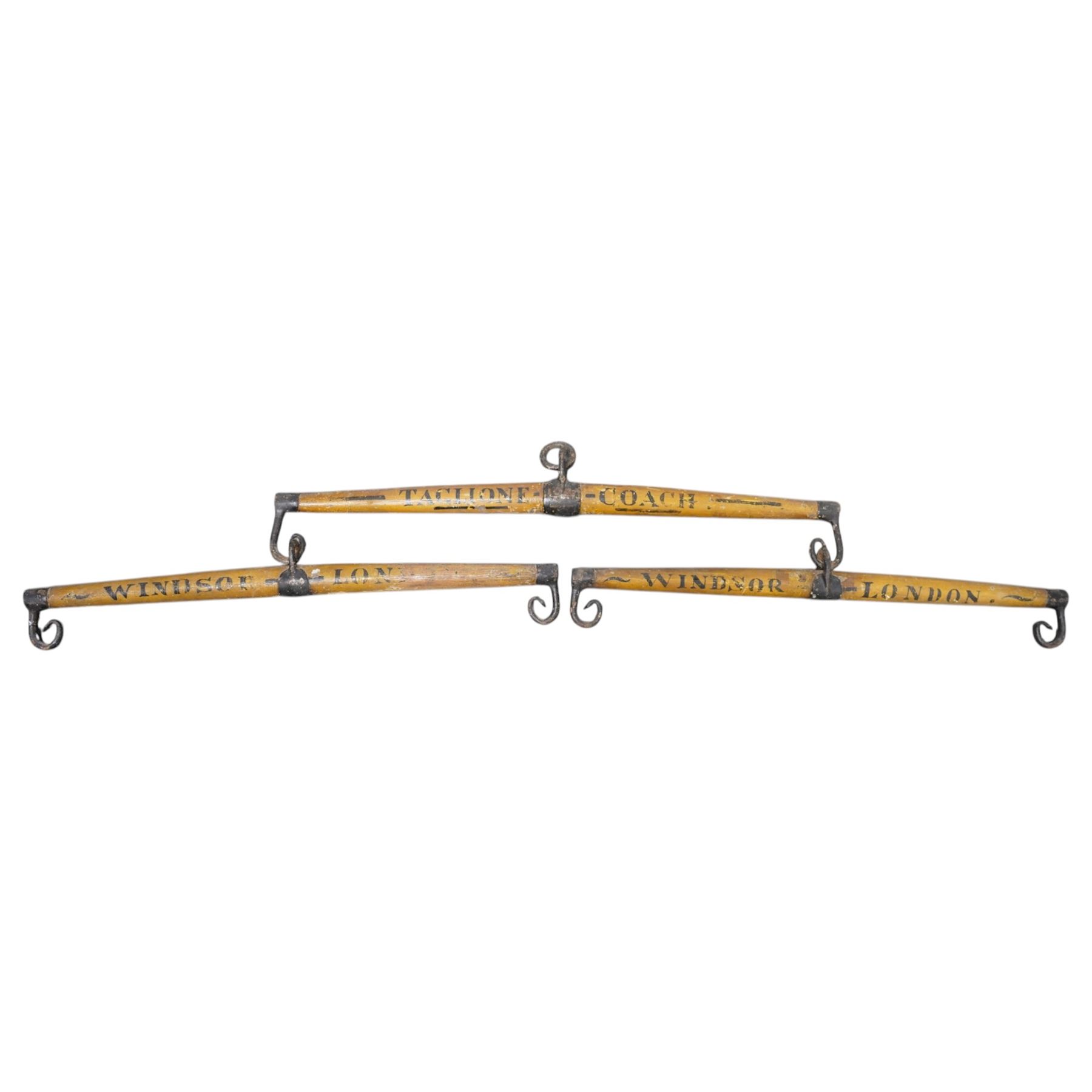 Taglioni coach triple swingletree, the central marked Taglioni Coach, the others Winsor - London, each swingletree L98cm