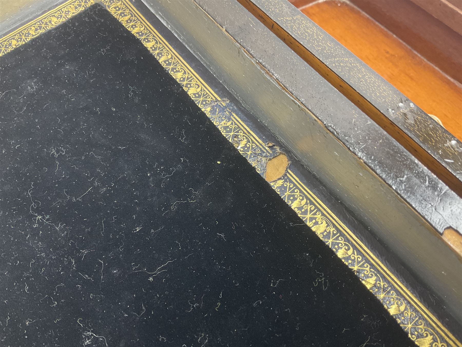 Victorian mahogany writing slope, the brass bound hinged cover opening to reveal tooled leather and gilt interior with two glass inkwells, together with a similar parquetry inlaid writing slope, with central mother of pearl inlay enrgraved 'Sarah', tallest H17cm 